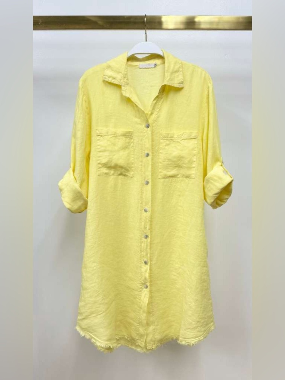 (27160/154208-YEL) ITALIAN LINEN LONG SLEEVE ROLL-TAB BUTTON DOWN DRESS